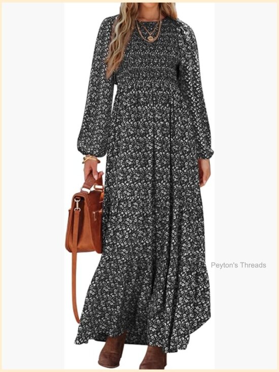 Dresses & Skirts - Long Sleeve Flowy Smocked Tiered Maxi Dress with Pockets